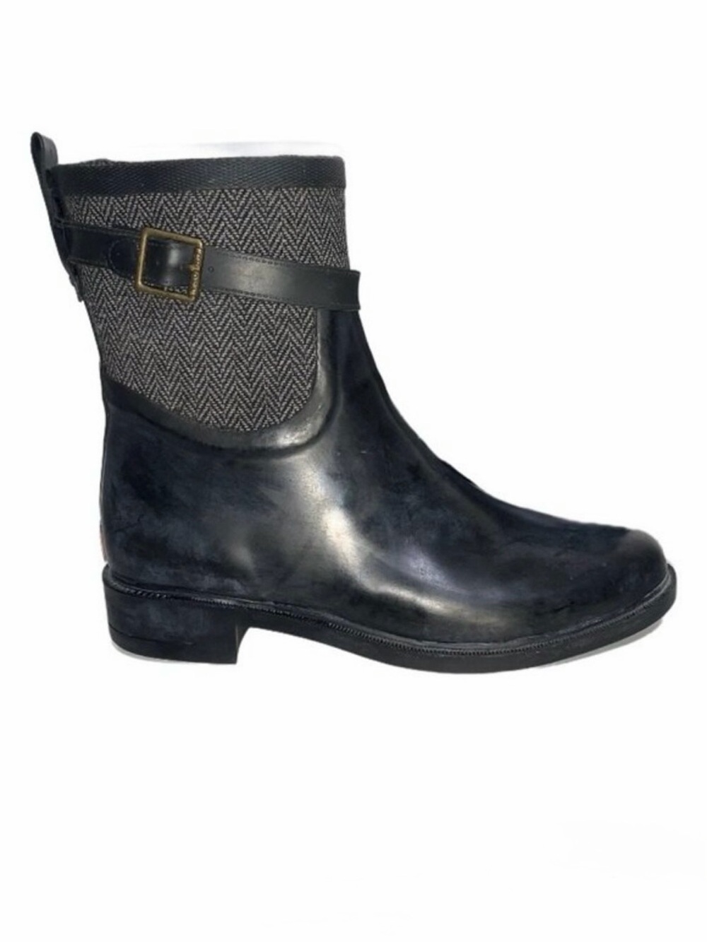 Chooka Womens Buckled Herringbone Mid Black Gray Waterproof Mid Calf Rain Boots